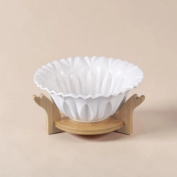 Fluted Ceramic Serving Bowl with Wooden Stand