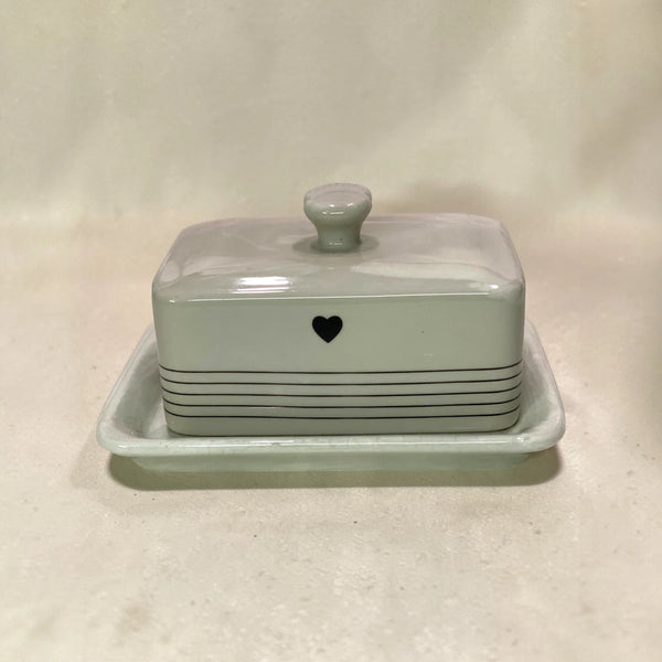 Minimalist Heart Pinstripe Ceramic Butter Dish with Crazed Glaze — Rare Find