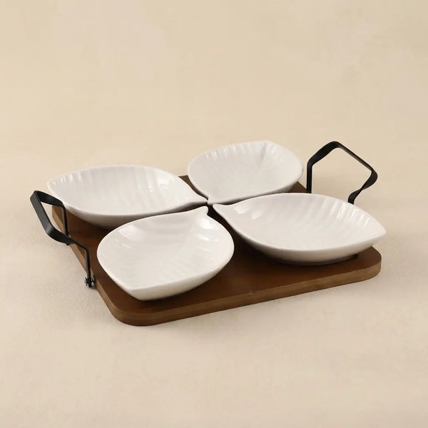 Ceramic Leaf Serving Set with Wooden Tray