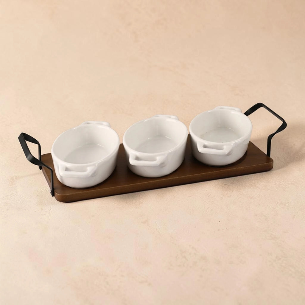 Ceramic Trio Serving Set with Wooden Tray – Modern Rustic Edition