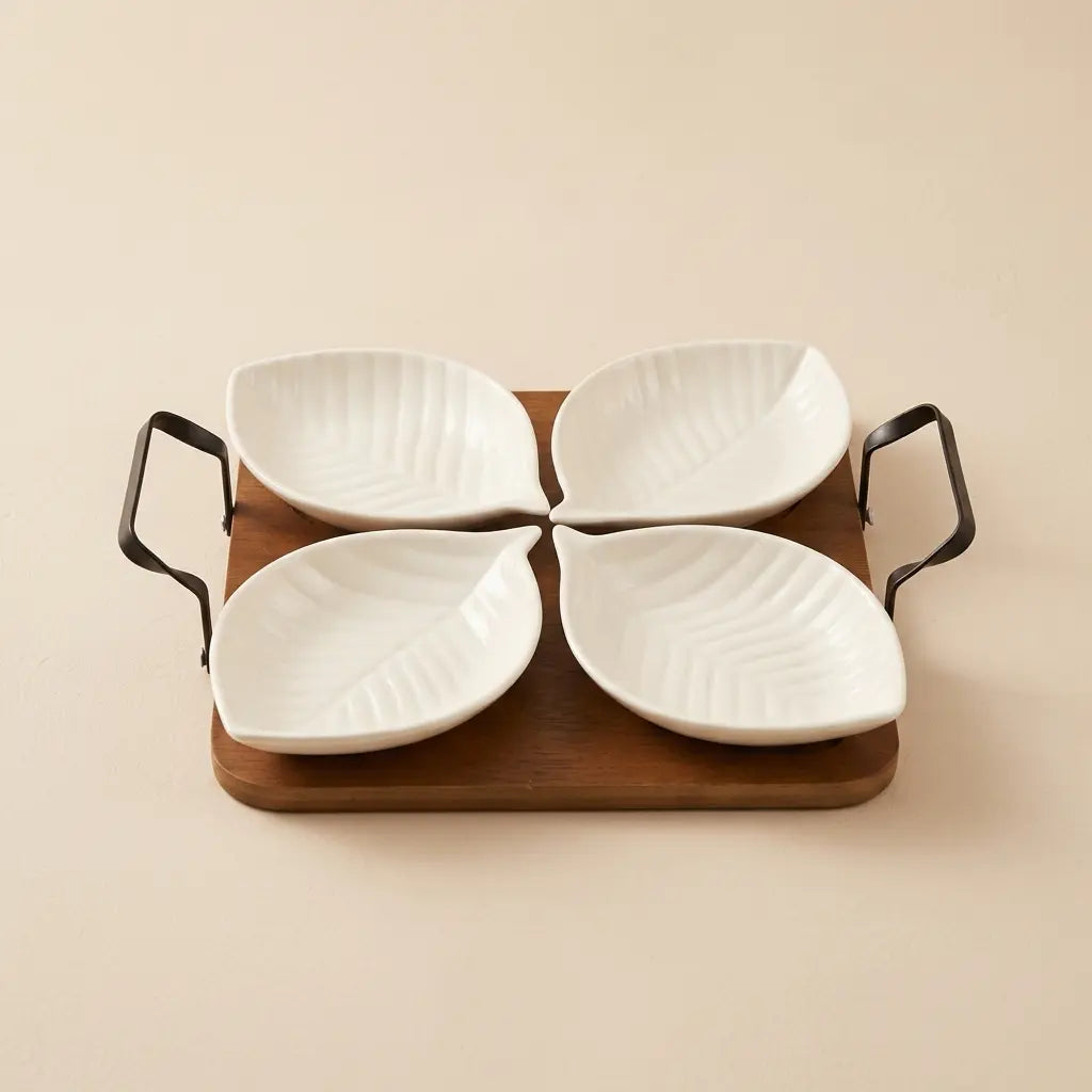 Ceramic Leaf Serving Set with Wooden Tray