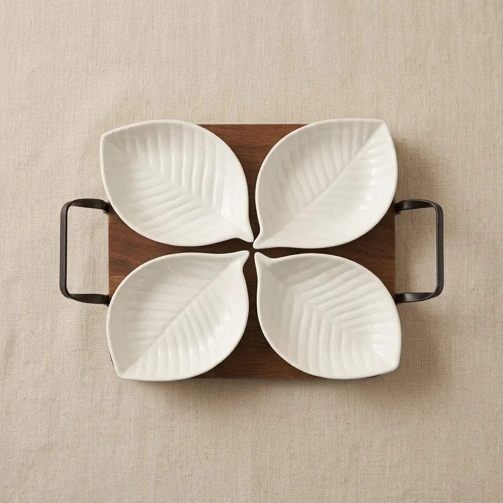 Ceramic Leaf Serving Set with Wooden Tray