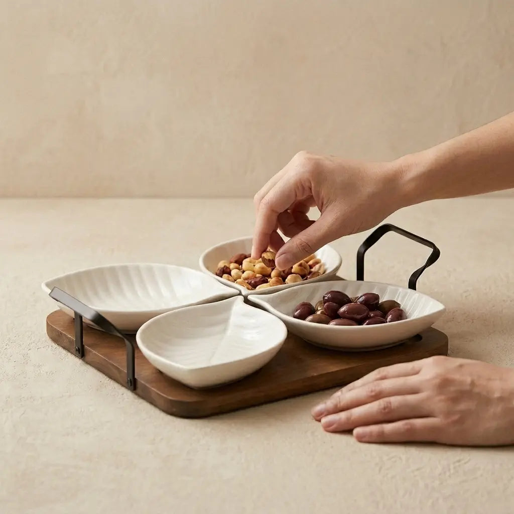 Ceramic Leaf Serving Set with Wooden Tray