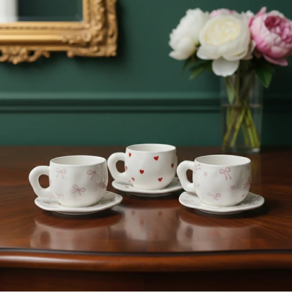 Three white ceramic cups with decorative patterns on a wooden table, with a vase of flowers and framed mirror in the background.