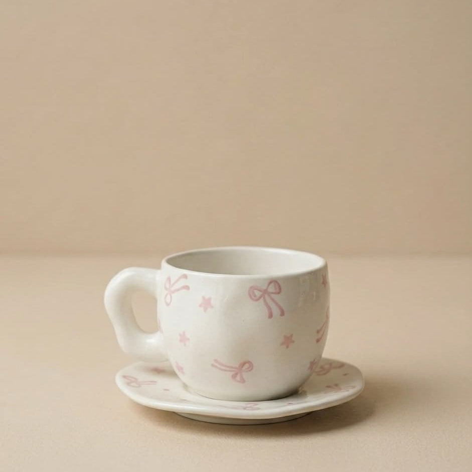 White ceramic cup with pink bow design on a beige background