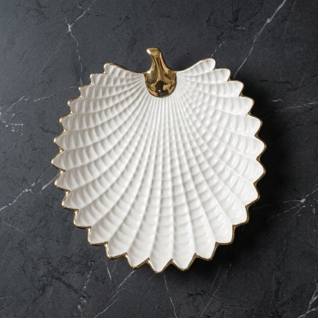 Gilded Scallop-Leaf Ceramic Serving Dish