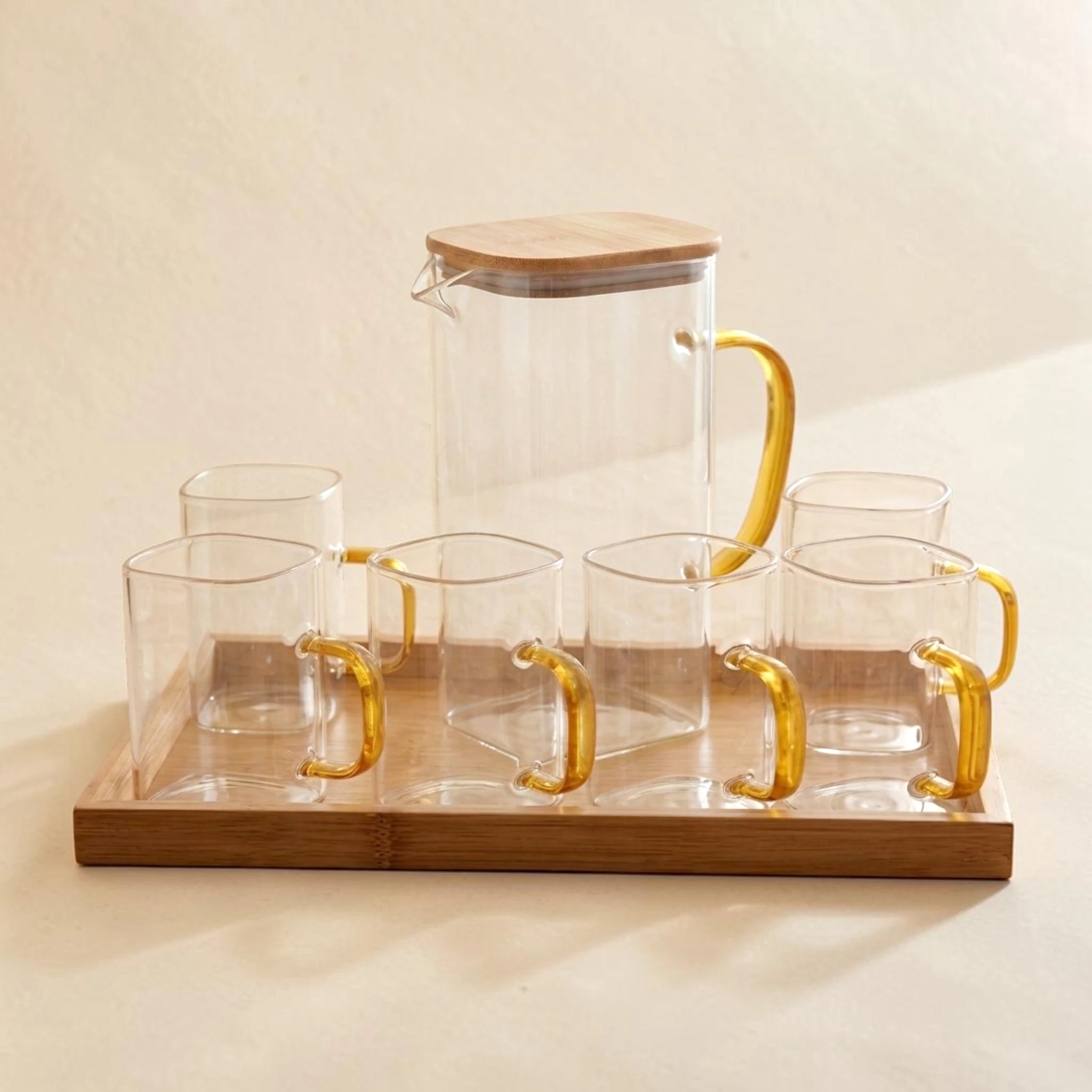 Glass Beverage Set with Bamboo Tray