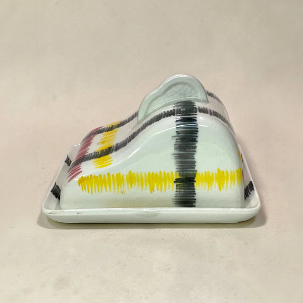 Vintage Folk-Art Ceramic Butter Dish with Crazed Glaze