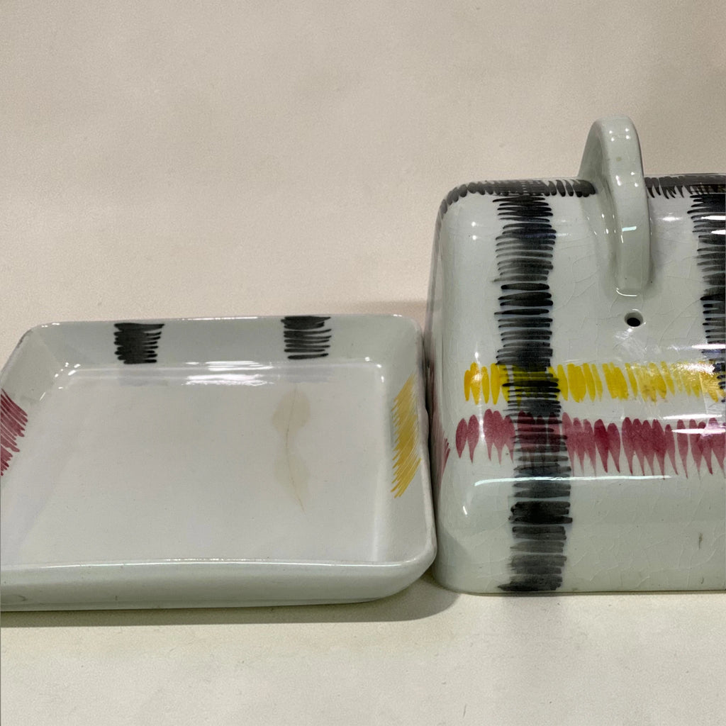 Vintage Folk-Art Ceramic Butter Dish with Crazed Glaze