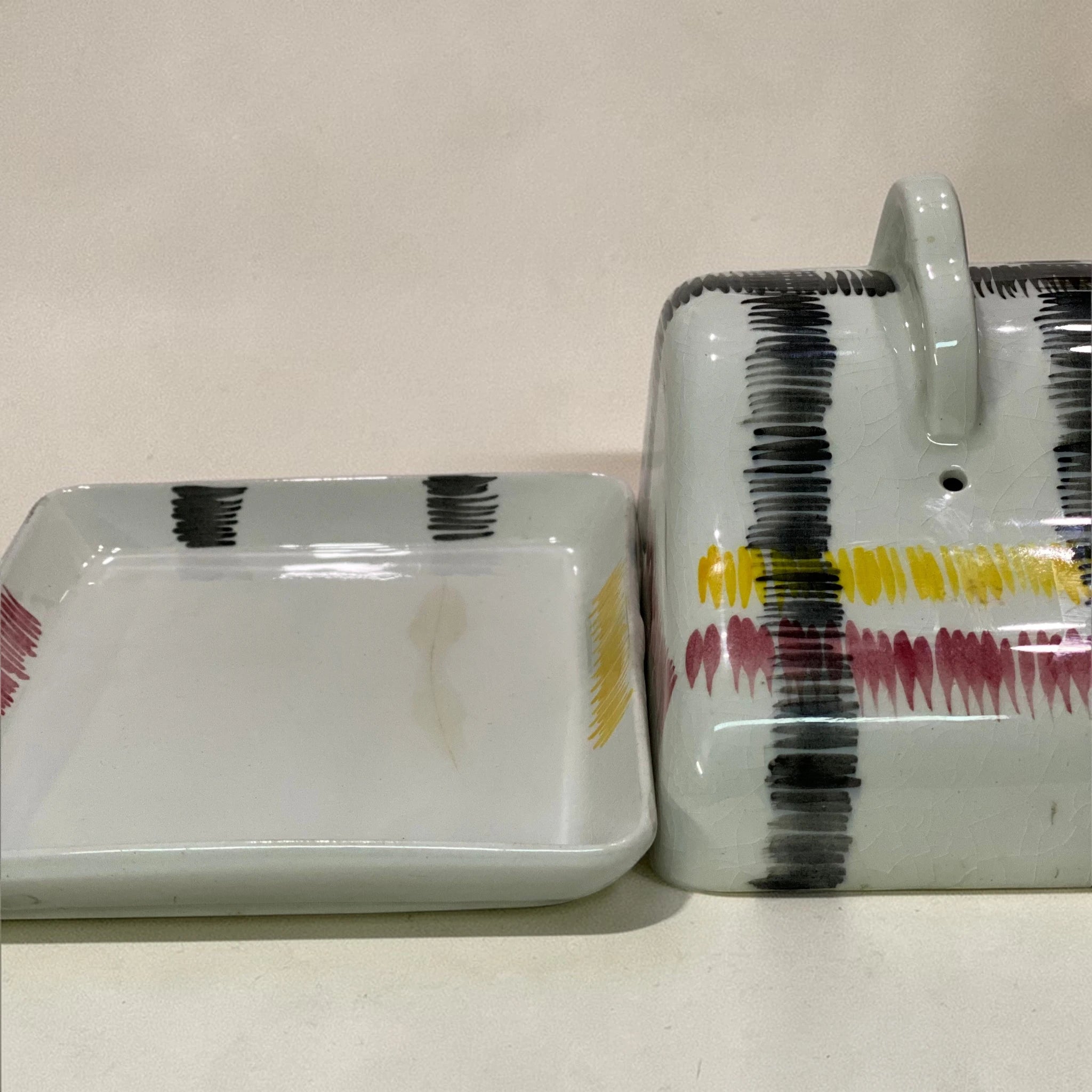 Vintage Folk-Art Ceramic Butter Dish with Crazed Glaze