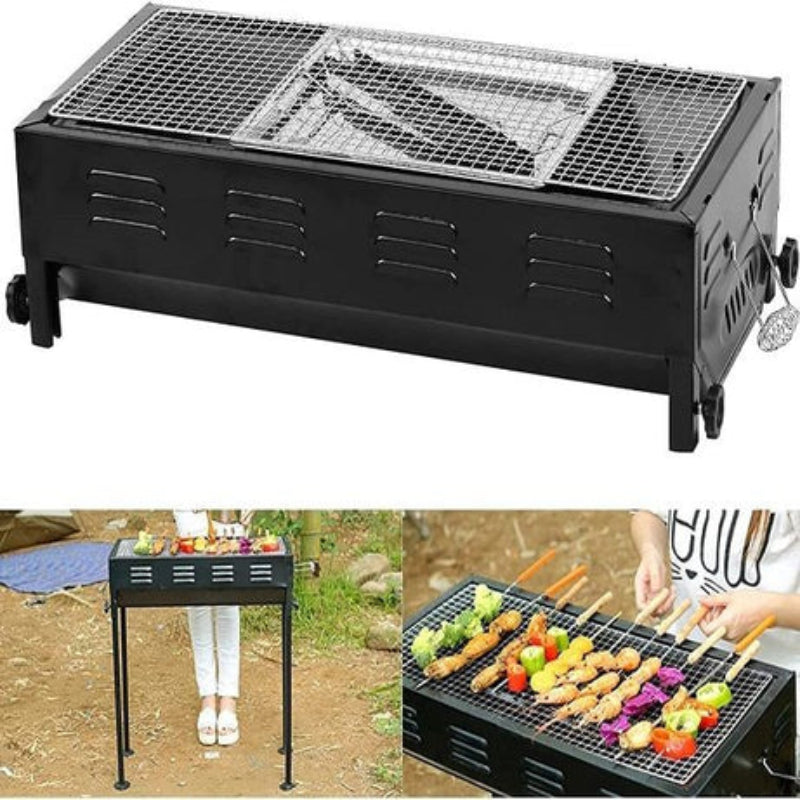 Portable grill with food being cooked outdoors