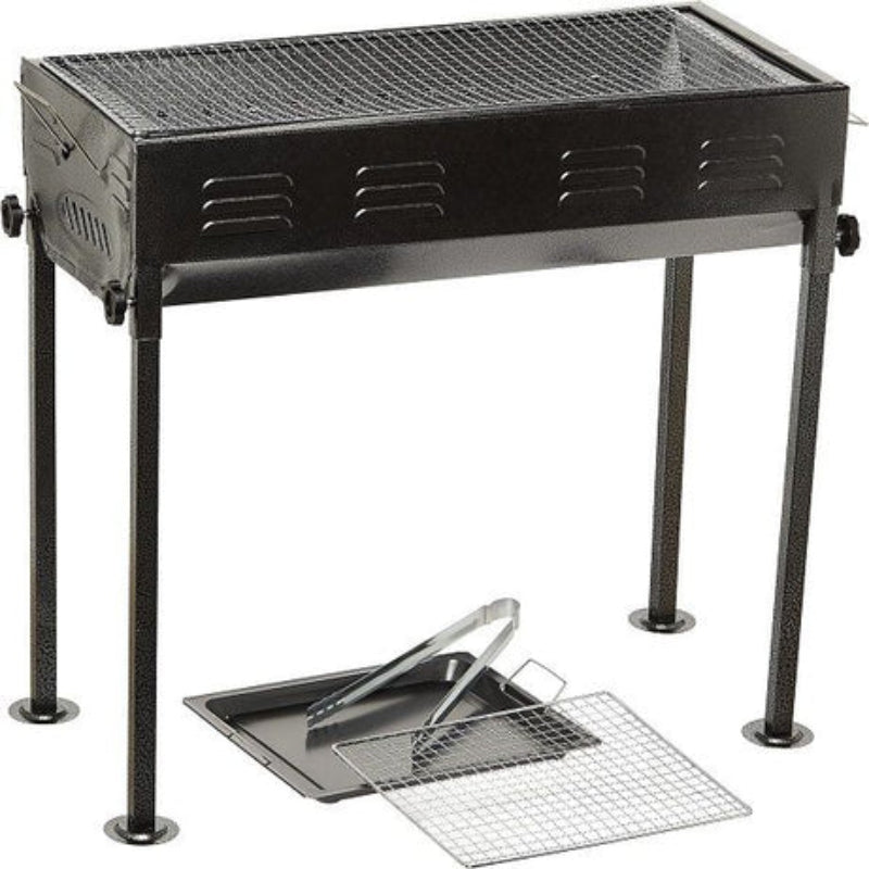 Black outdoor grill with accessories on a white background