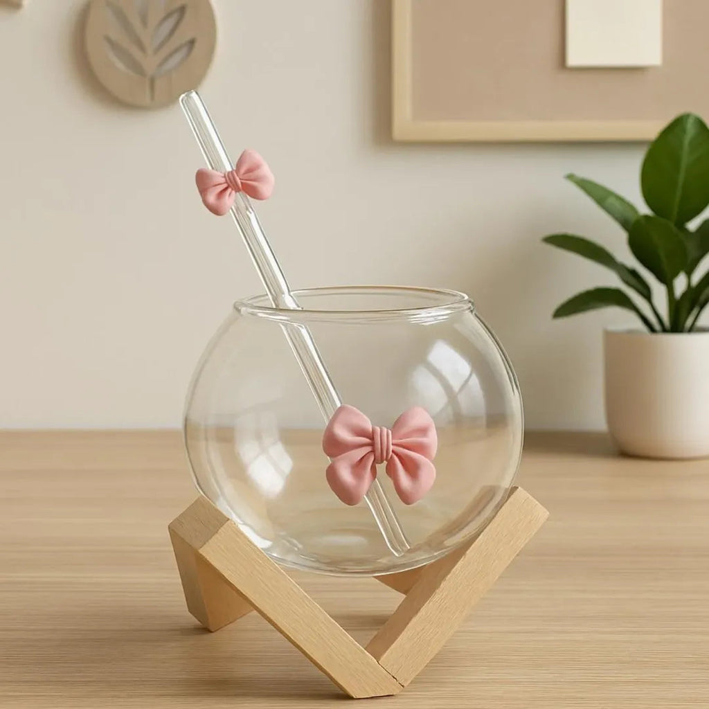 Orbella – Premium Round Open Glass with Bamboo Stand & Glass Straw EzLyf