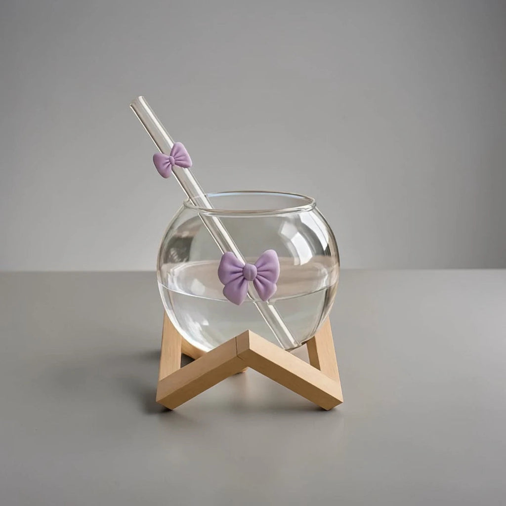 Orbella – Premium Round Open Glass with Bamboo Stand & Glass Straw EzLyf