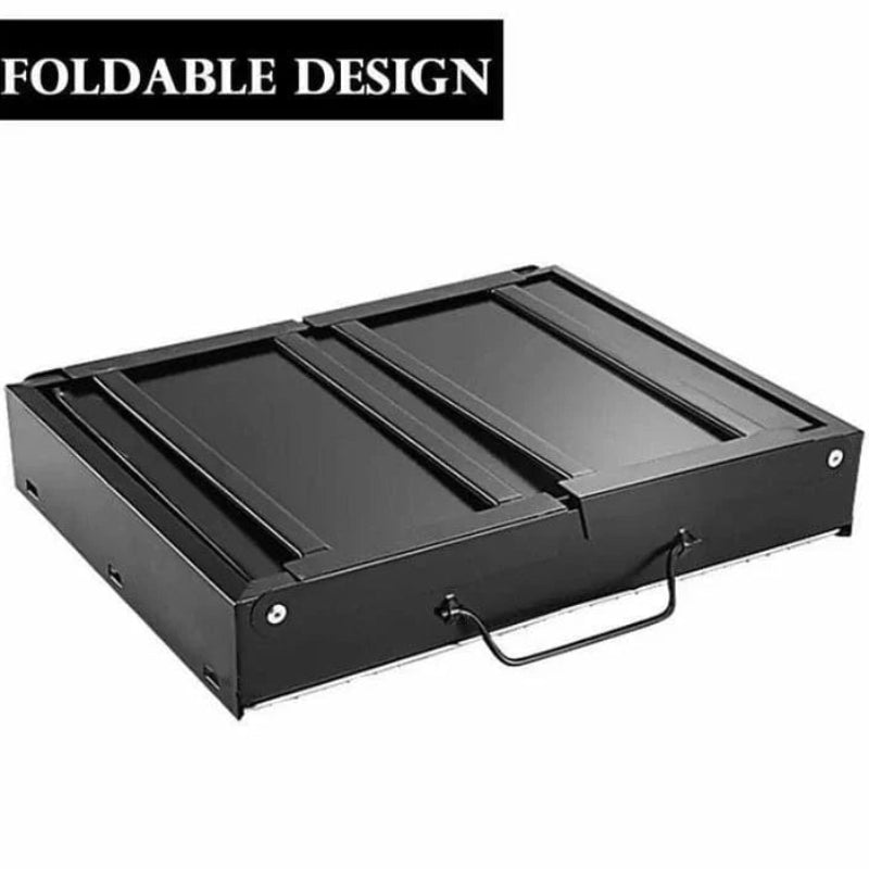 Black foldable design tray with a handle on a white background