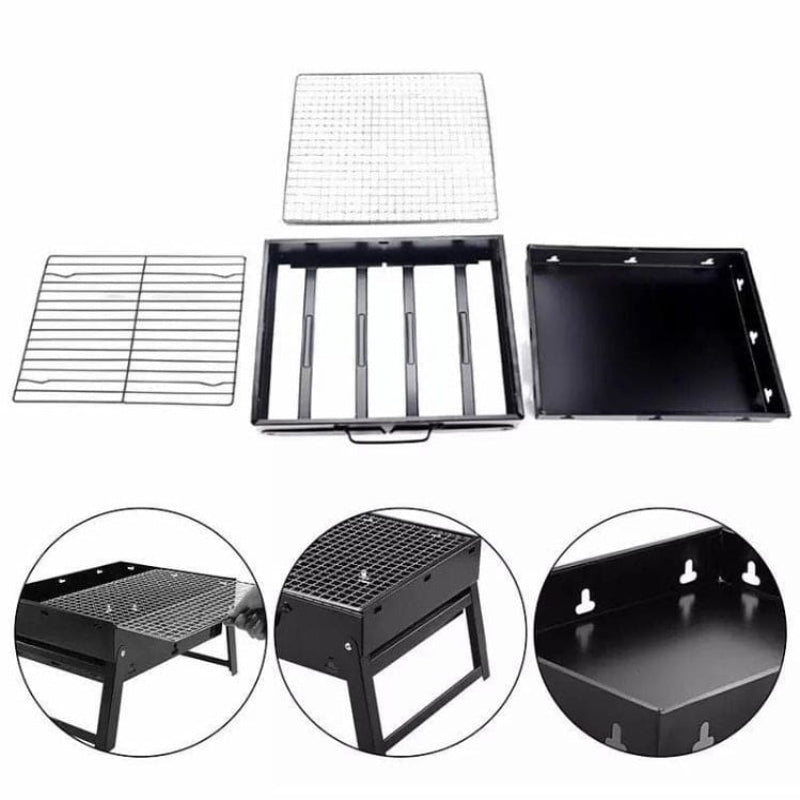 Collection of BBQ grill components on a white background