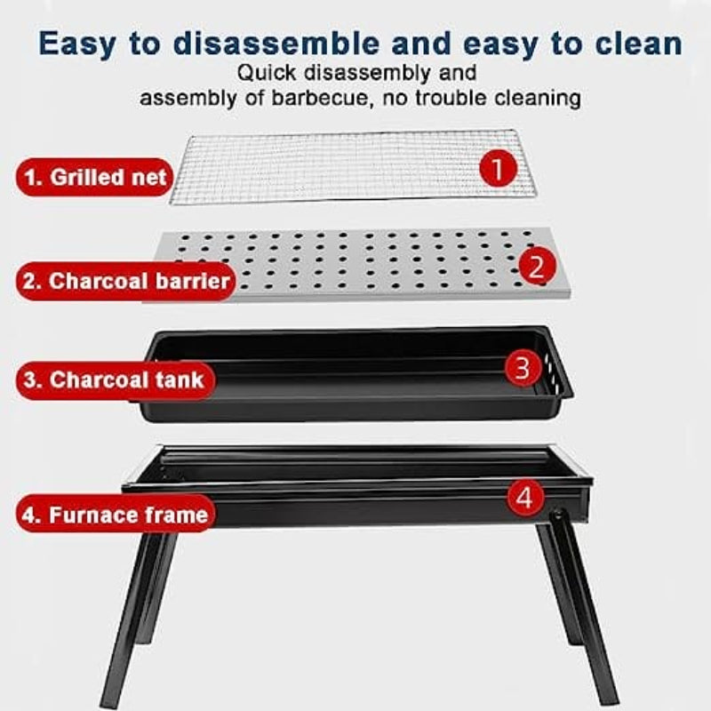 Barbecue with labeled parts for easy disassembly and cleaning on a white background