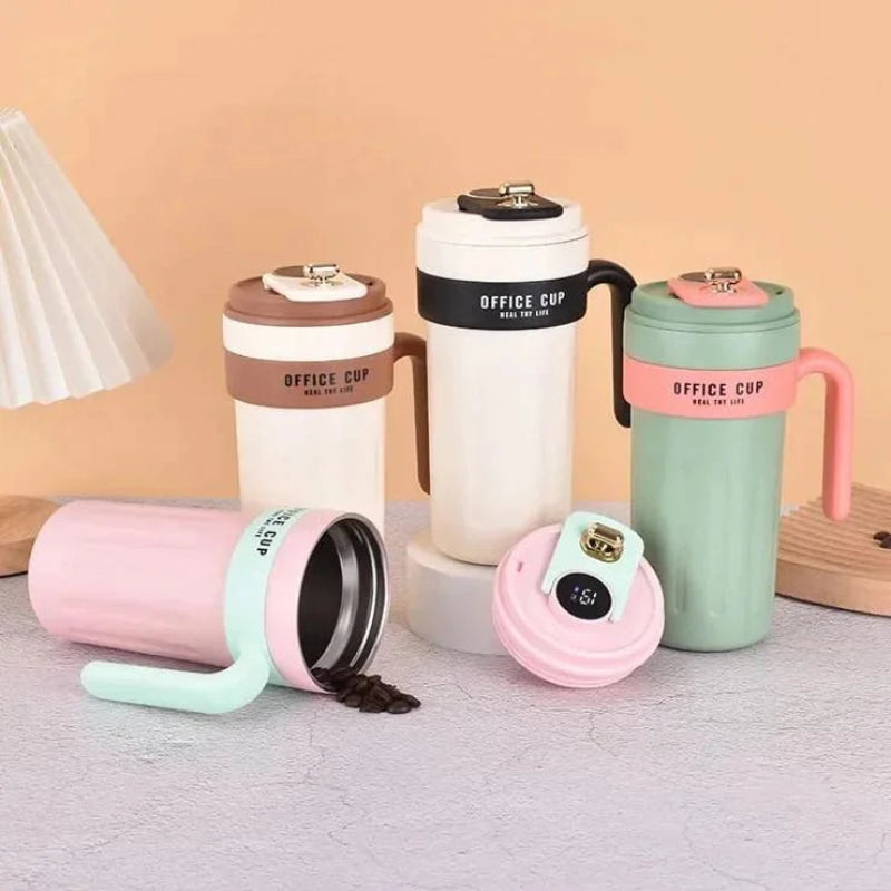 Set of colorful travel mugs with 'Office Cup' branding on a light surface.