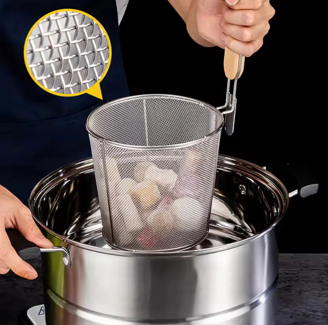 FryLift – Stainless Steel Frying Strainer with Wooden Handle EzLyf