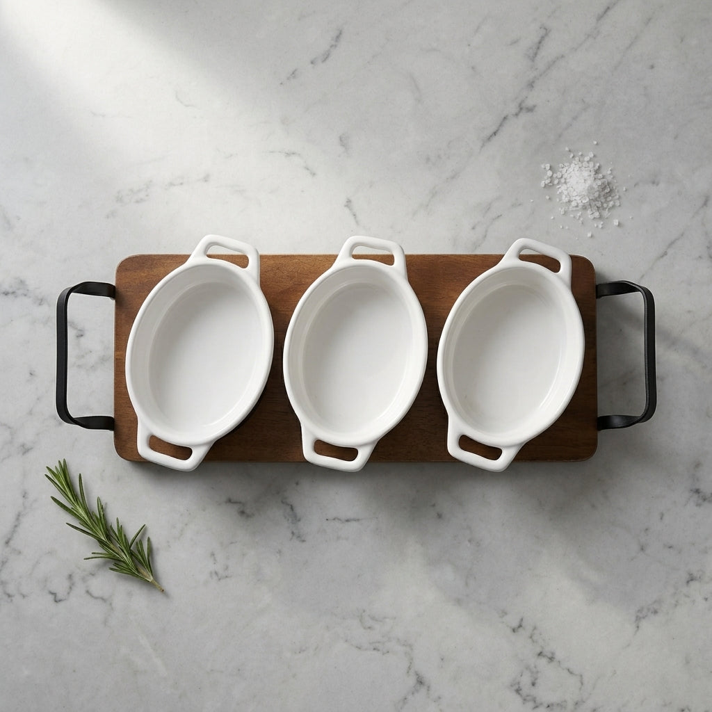 Ceramic Trio Serving Set with Wooden Tray – Modern Rustic Edition