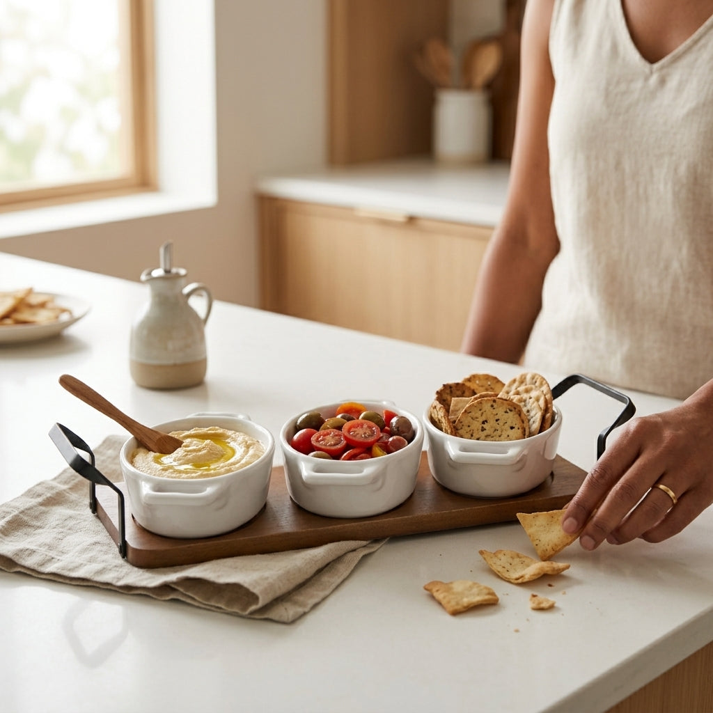 Ceramic Trio Serving Set with Wooden Tray – Modern Rustic Edition