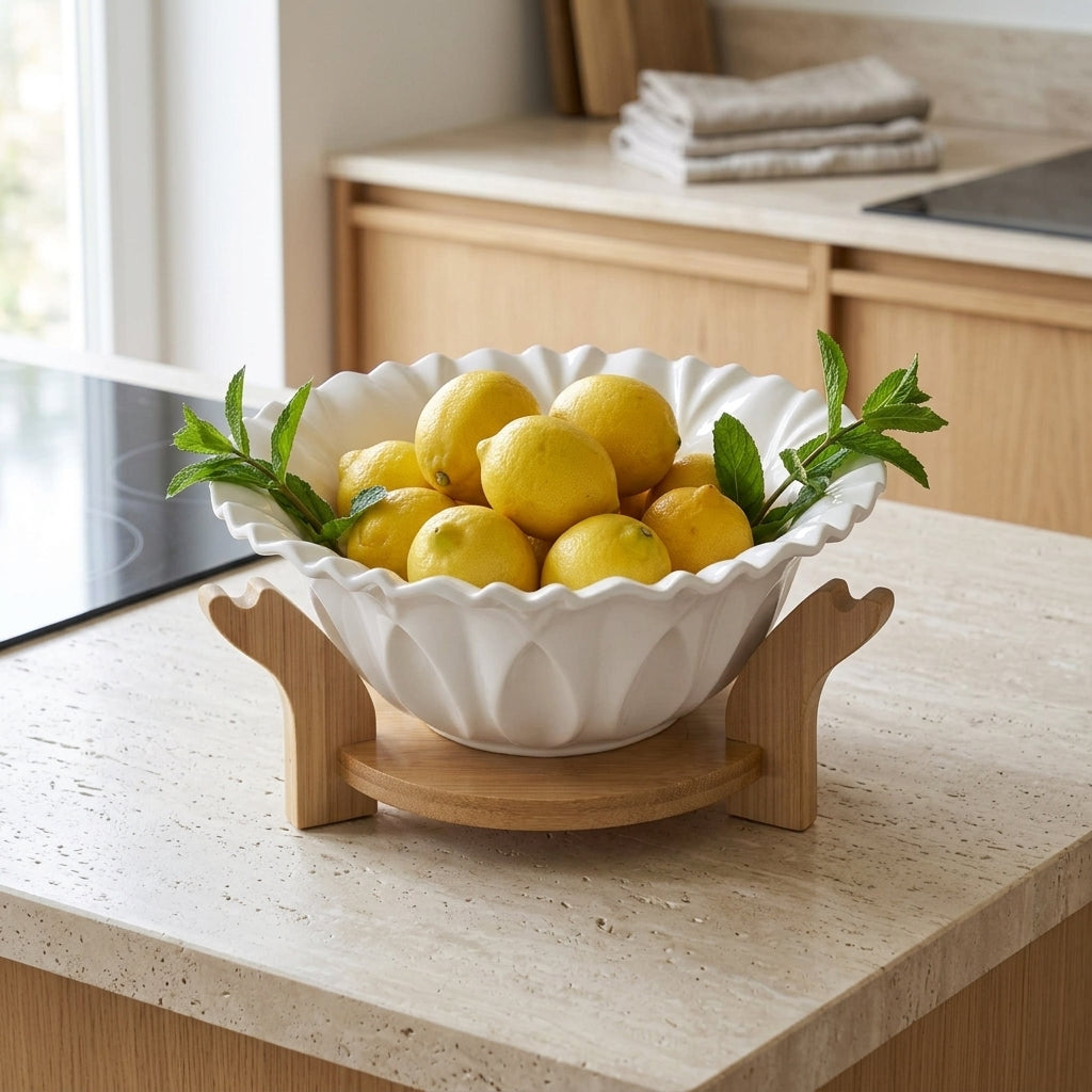 Fluted Ceramic Serving Bowl with Wooden Stand