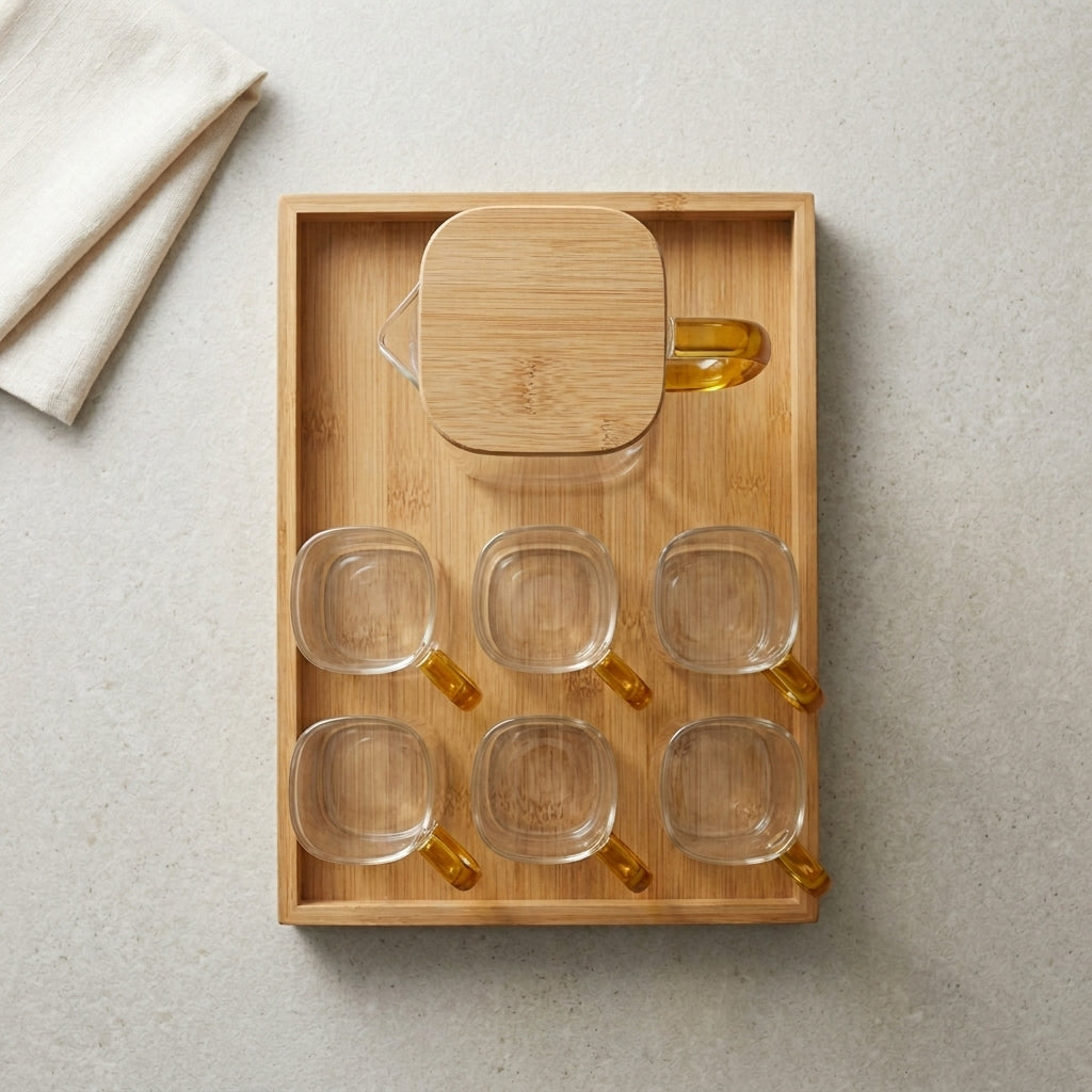 Glass Beverage Set with Bamboo Tray