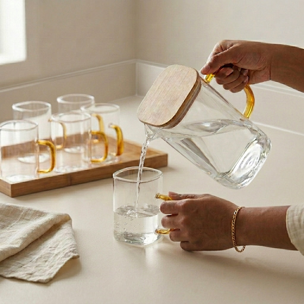 Glass Beverage Set with Bamboo Tray