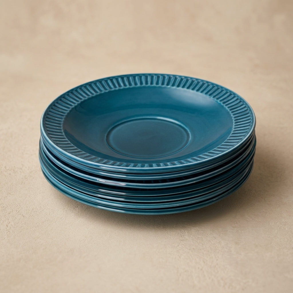 Teal Ribbed Ceramic Side Plates – 7 Piece Set